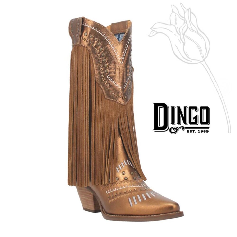 Dingo Gypsy Studded Fringe Metallic Snip Toe Cowboy Boots Brown